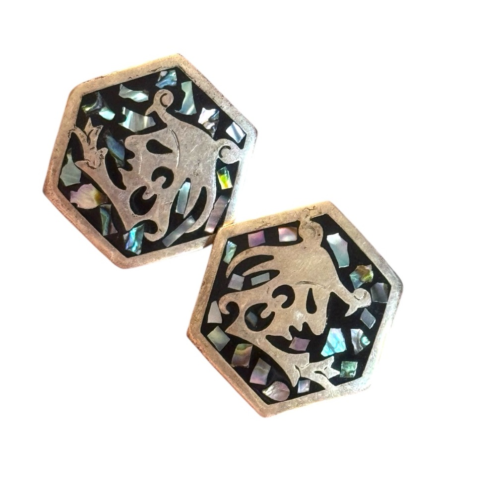 Vintage Hexagon Mexico Alpaca Abalone Aztec Inlay Clip on Earrings